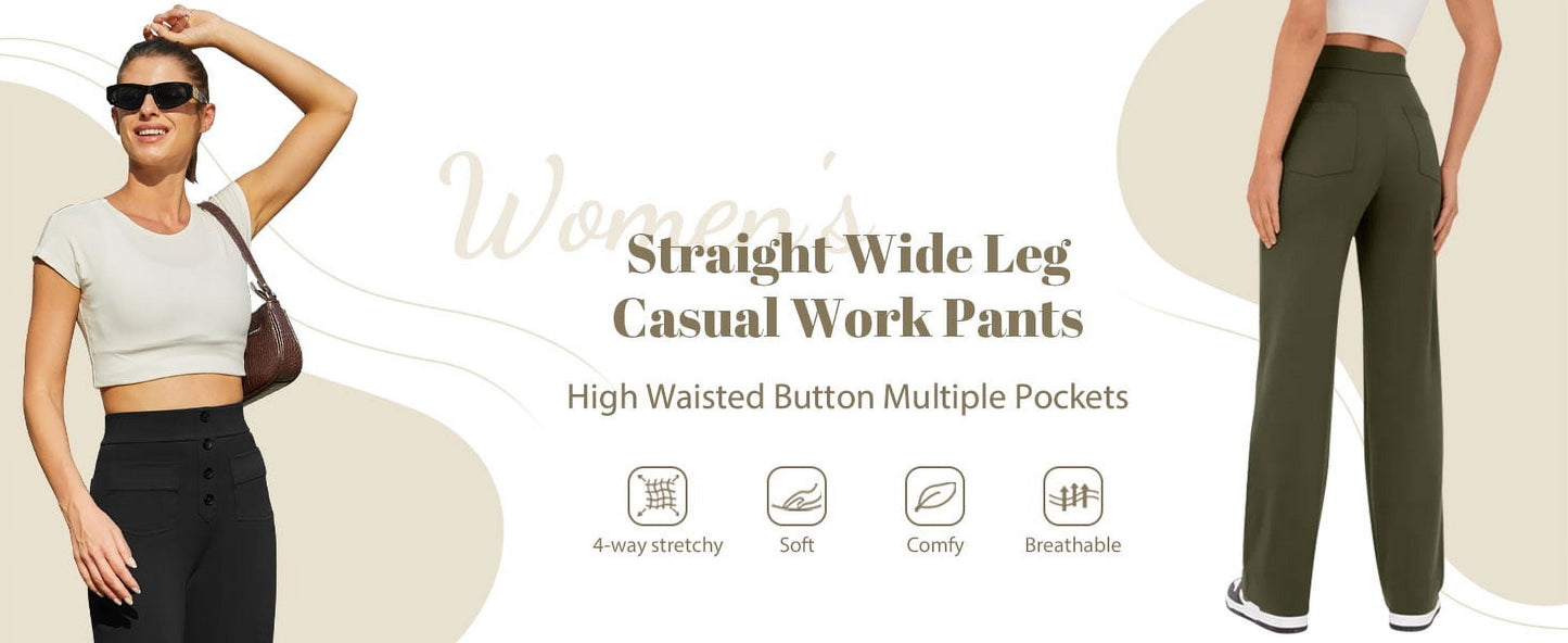 Womens Straight Leg Pants High Waisted Button Stretchy Business Work Casual Trousers Multiple Pockets Pants for Womens Clothes Elastic Waisted Slacks Casual