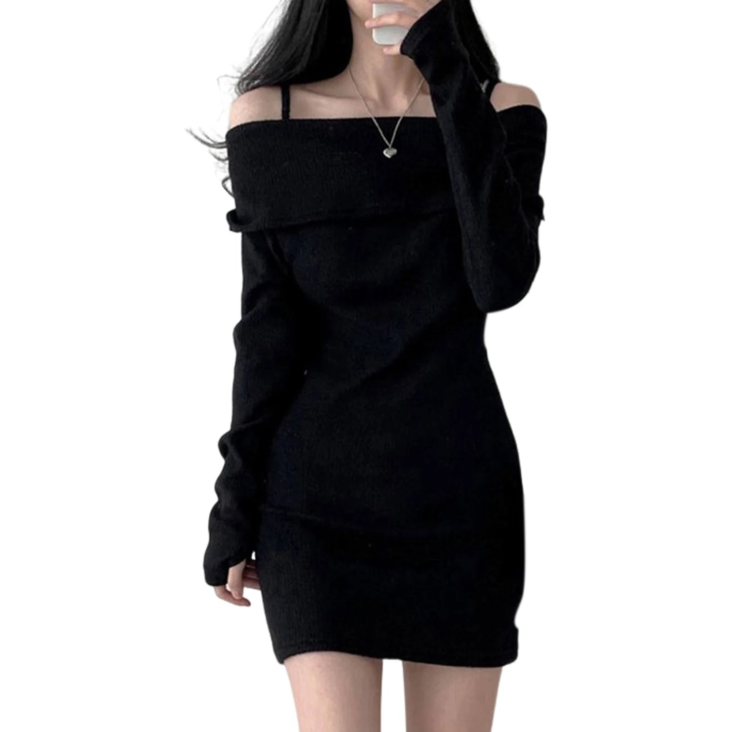 Womens Dresses Spring Fashion Cold Shoulder Lantern Sleeve Casual Plain Long Sleeve Daily Mini Knit Sweater Dress Woman Clothing