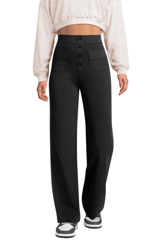 Womens Straight Leg Pants High Waisted Button Stretchy Business Work Casual Trousers Multiple Pockets Pants for Womens Clothes Elastic Waisted Slacks Casual