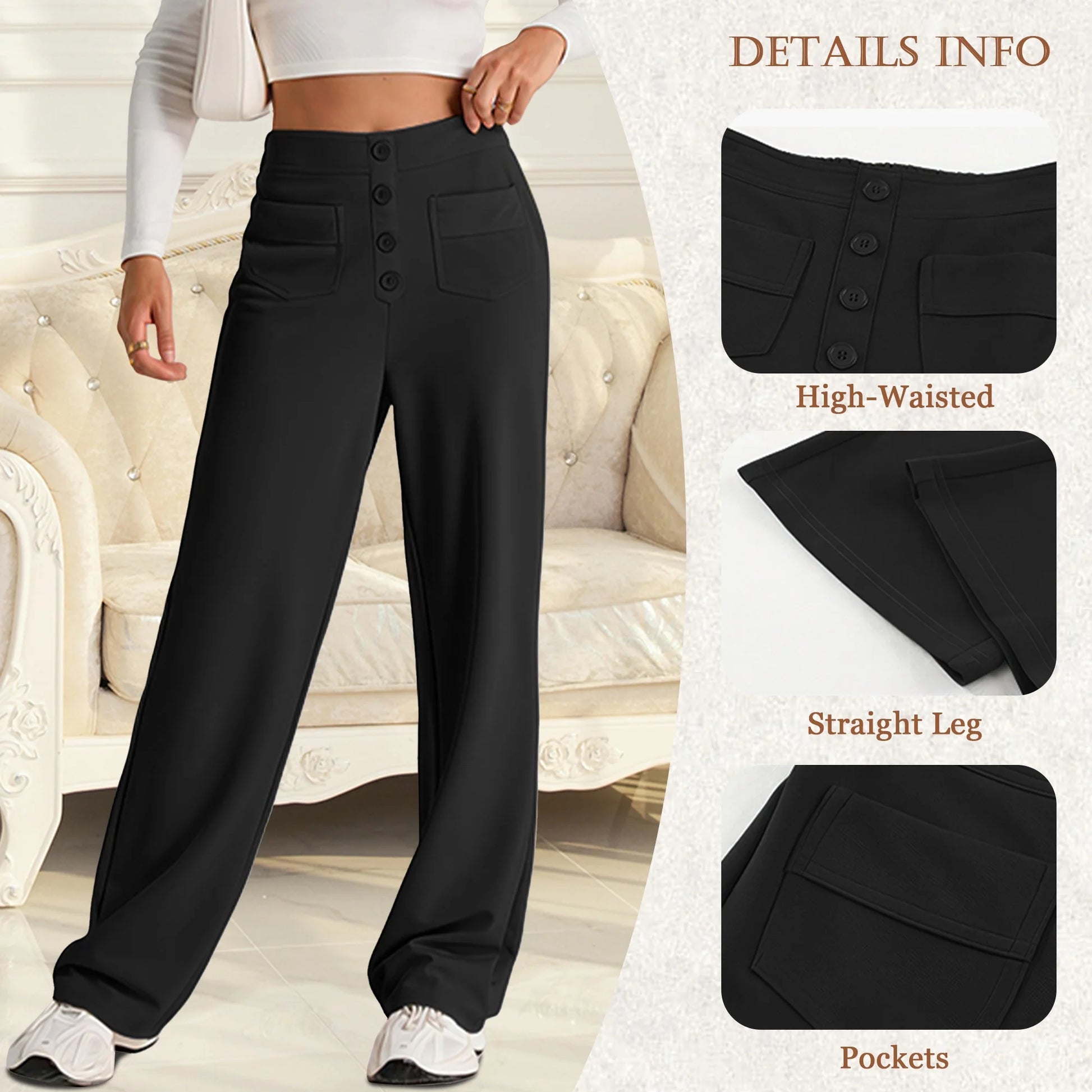 Womens Straight Leg Pants High Waisted Button Stretchy Business Work Casual Trousers Multiple Pockets Pants for Womens Clothes Elastic Waisted Slacks Casual